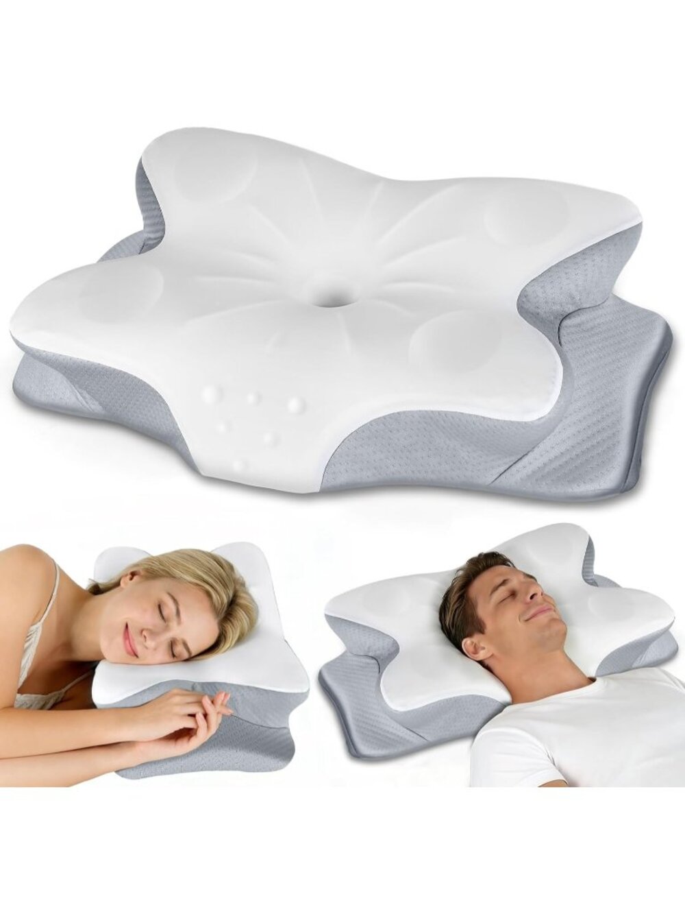 〽️Cervical Neck Pillow Ergonomic Contour Memory Foam Icy Cooling Grey Silk Cover